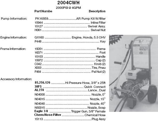 Excell 2004cwh pressure washer parts