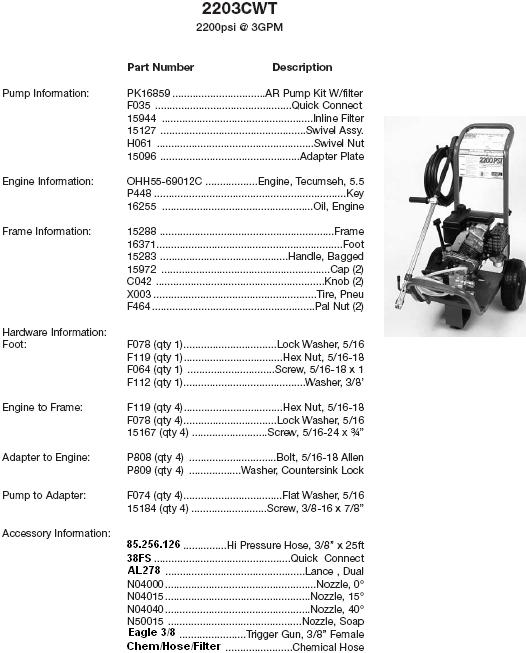 Excell pressure washer 2203CWT-P parts breakdown owners manual