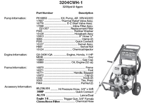 Excell 3204CWH-1 pressure washer parts