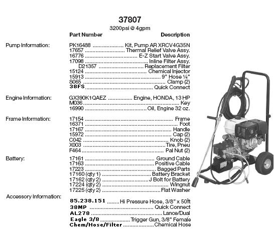 Excell 37807 pressure washer parts