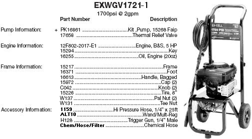 EXCELL EXWGV1721 PRESSURE WASHER REPLACEMENT PARTS
