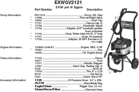 Excell EXWGV2121 pressure washer parts