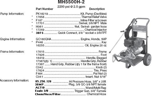 MONSOON MH5500-2 PRESSURE WASHER REPLACEMENT PARTS