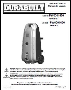 Powewmate Durabuilt PW0501600 Electric Pressure Washer Replacement Parts & Owners Manual