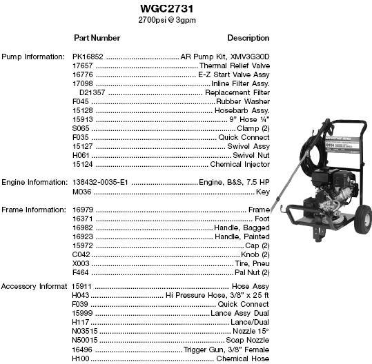 EXCELL DEVILBISS WGC2731 PRESSURE WASHER REPLACEMENT PARTS