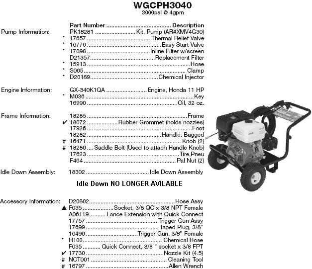 WATER DRIVER WGCPH3040 PRESSURE WASHER REPLACEMENT PARTS