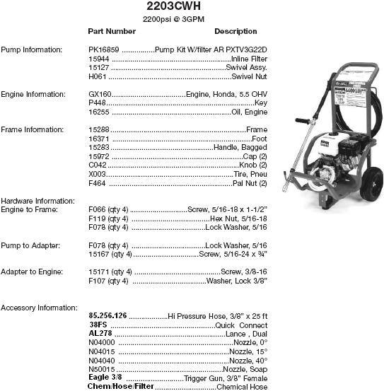 Excell pressure washer 2203CWHP parts breakdown owners manual