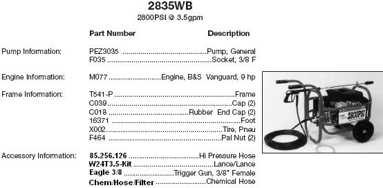 Excell 2835WB pressure washer parts