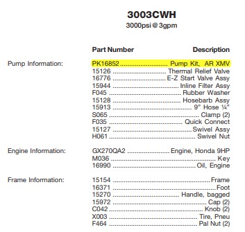 Excell 3003CWH pressure washer parts