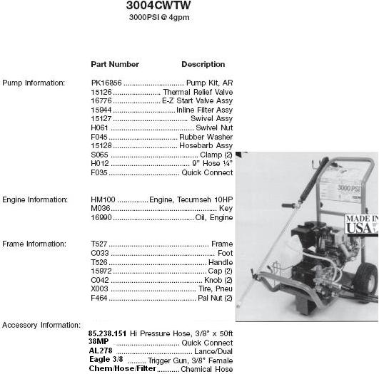 Excell pressure washer 3004CWTW parts breakdown owners manual
