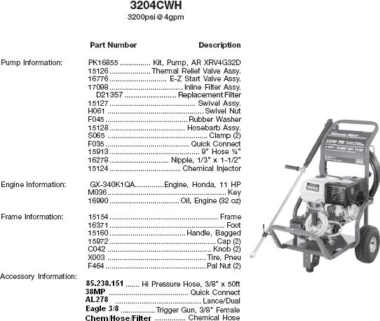 Excell 3204CWH pressure washer parts