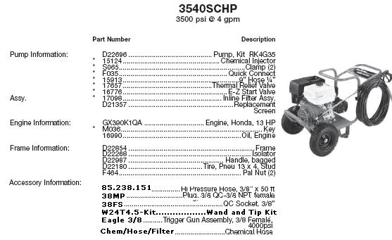 Excell / Devilbiss 3540SCHP pressure washer parts