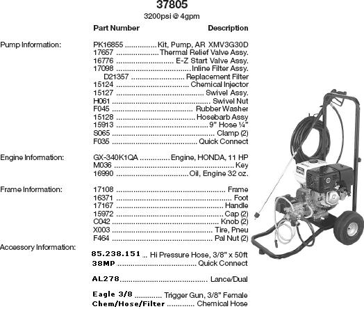 Excell 37805 pressure washer parts