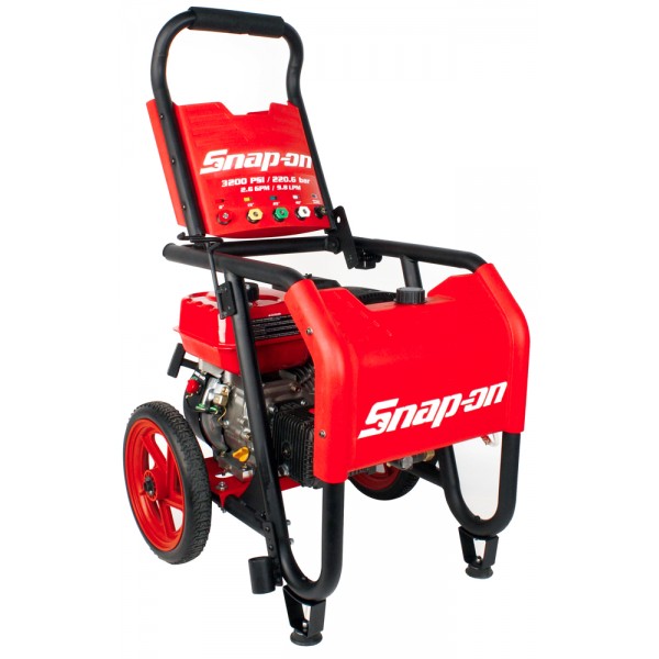 Snap-on 870370 pressure washers combine the most advanced features with the performance and durability expected of Snap-on. This Snap-on™ 3,200 PSI gasoline pressure washer is powered by a durable, high-performance 7HP engine coupled to an industrial triplex pump that flows 2.6 gallons per minute.  Easy pressure output adjustment from 1 to 3,200 PSI, depending on spray nozzle in use.  1 gallon on-board detergent tank.