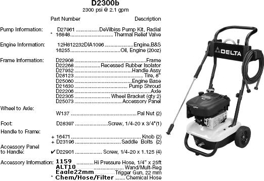 Excell D2300B pressure washer parts