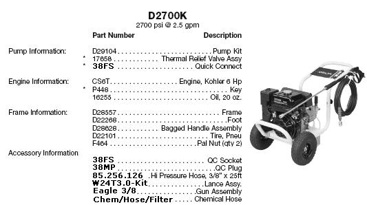 Excell D2700K pressure washer parts