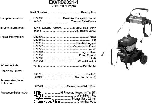 Excell Devilbiss Pressure Washer Pump 2800PSI EXVRB2321 EXVRB2321-1 FREE Key