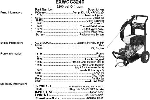 Excell EXWGC3240 pressure washer parts