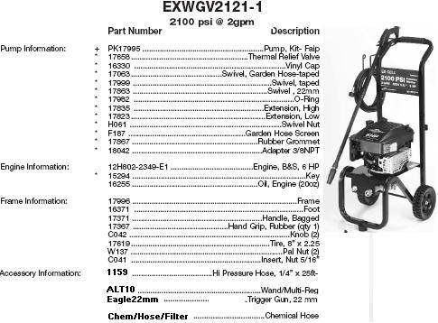 EXWGV2121 EXCELL PRESSURE WASHER REPLACEMENT PARTS
