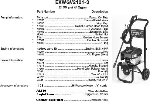 excell exwgv2121-3 pressure washer replacement parts