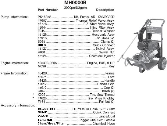 Excell MH9000B pressure washer parts