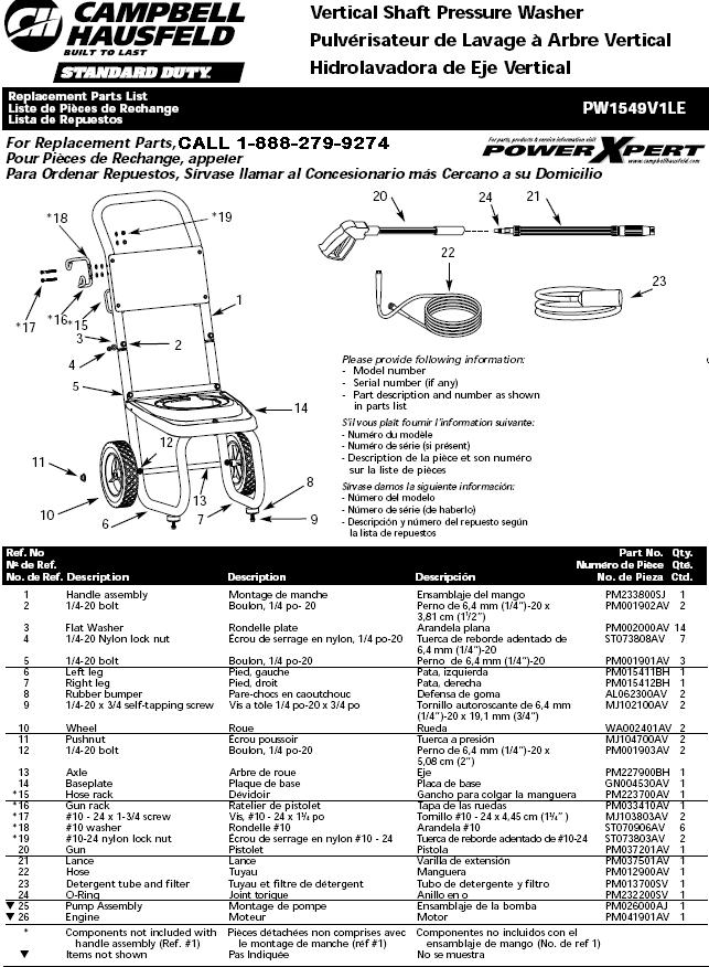 PW1549V1LE REPLACEMENT PARTS