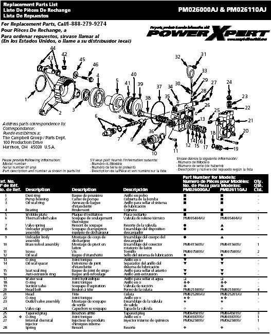 Campbell Hausfeld PW20523AL pressure washer pump replacment parts