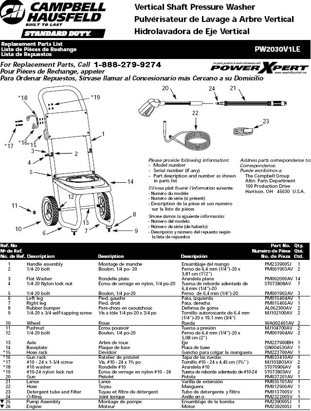 PW2030V1LE PARTS BREAKDOWN