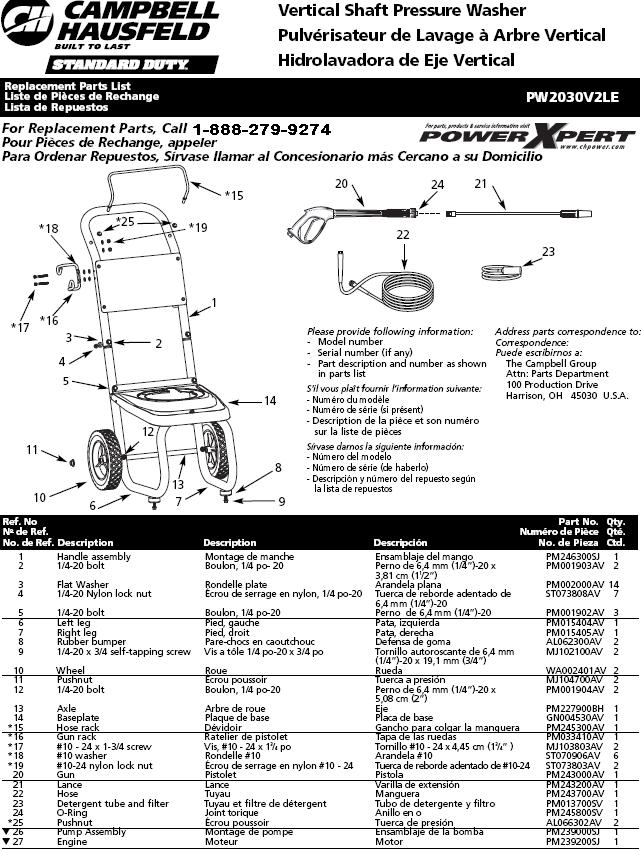 PW2030V2LE PRESSURE WASHER PARTS BREAKDOWN