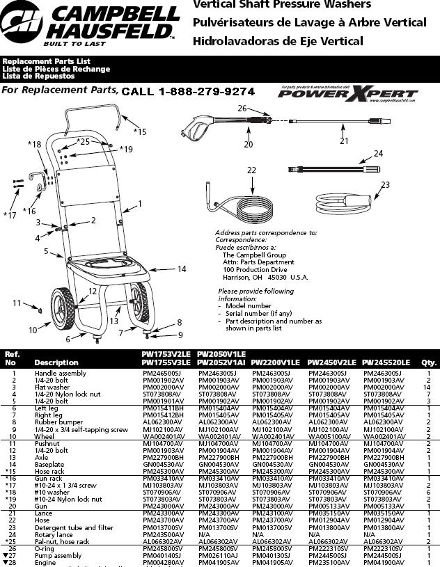 PW2050V1LE PRESSURE WASHER PARTS BREAKDOWN