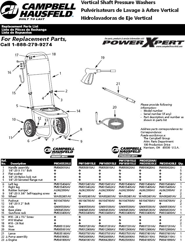 PW205420LE Pressure Washer Parts