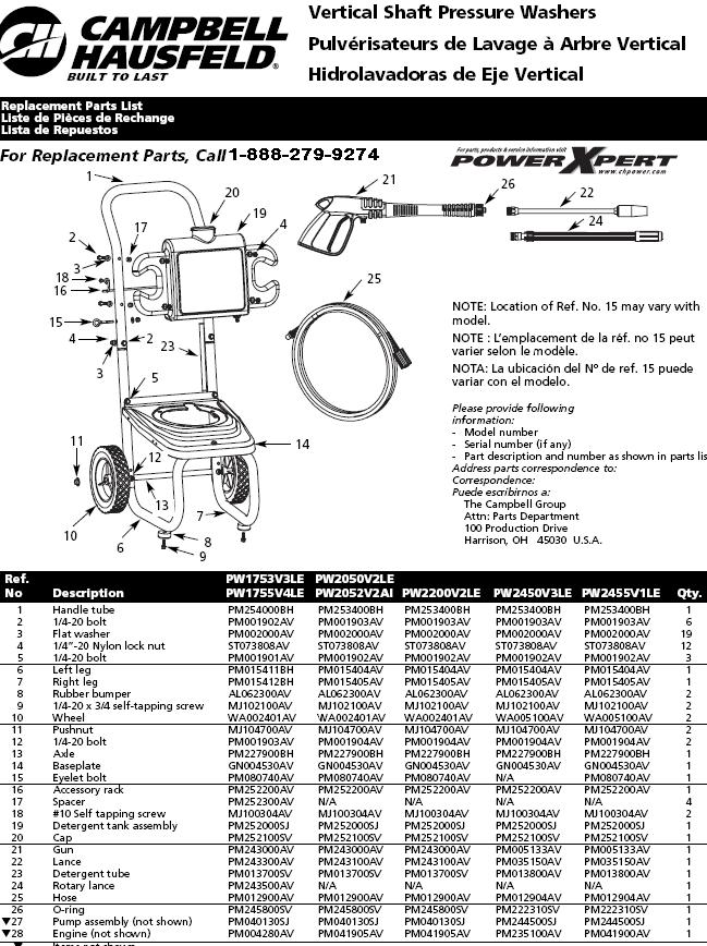 PW2450V3LE PRESSURE WASHER PARTS