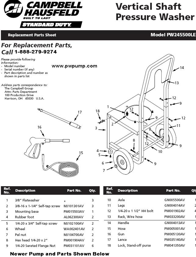 PW245500LE PRESSURE WASHER REPLACEMENT PARTS 