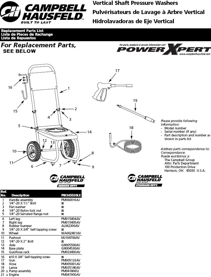 PW245520LE Pressure Washer Replacement Parts