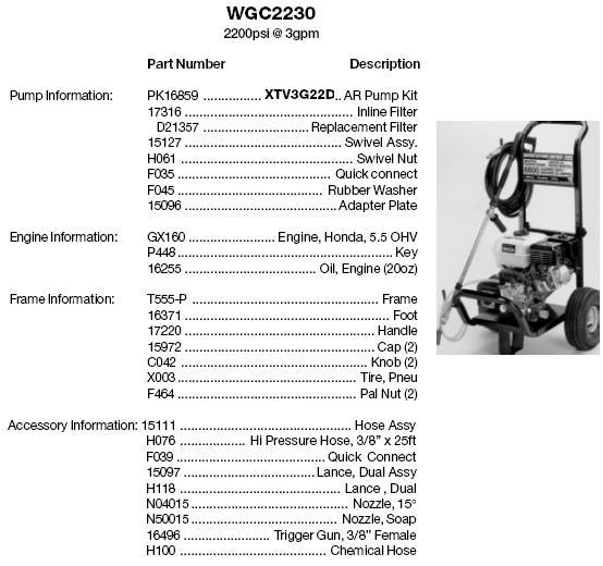 excell devilbiss pressure washer wgc2230, -1 replacement parts