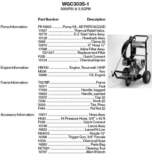 WATER DRIVER PRESSURE WASHER WGC3035-1 PRESSURE WASHER REPLACEMENT PARTS