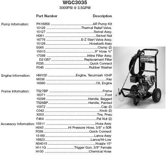 EXCELL DEVILBISS WGC3035 AR PRESSURE WASHER REPLACEMENT PARTS