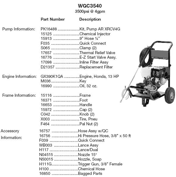 WATER DRIVER WGC3540 PRESSURE WASHER REPLACEMENT PARTS