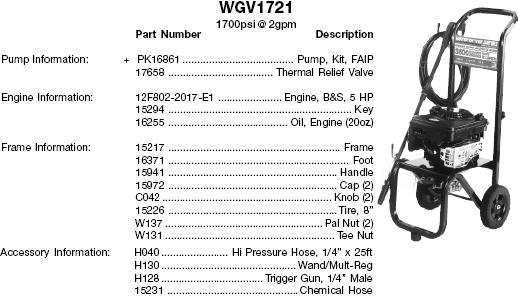 WATER DRIVER PRESSURE WASHER WGV1721 REPLACEMENT PARTS