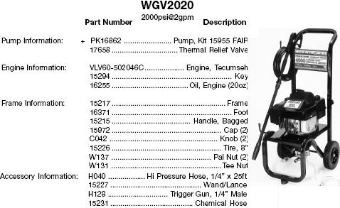 WATER DRIVER WGV2020 PRESSURE WASHER REPLACEMENT PARTS