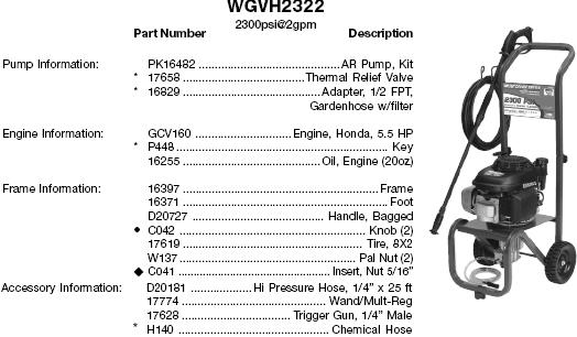 WATER DRIVER WGVH2322 PRESSURE WASHER REPLACEMENT PARTS