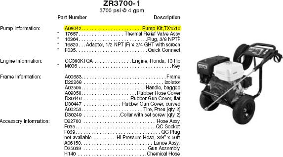 EXCELL DEVILBISS ZR3700-1 PRESSURE WASHER REPLACEMENT PARTS