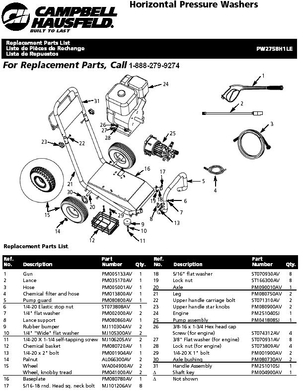 Campbell Hausfeld PW2758H1LE pressure washer replacment parts