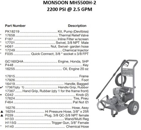 MONSOON, MH5500H-2 Pressure Washer Parts