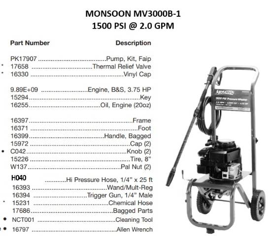 MONSOON, MV3000B-1 Pressure Washer Parts