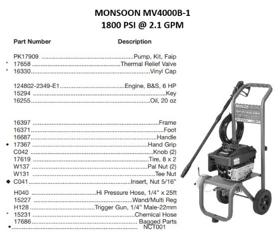 MONSOON, MV4000B-1 Pressure Washer Parts