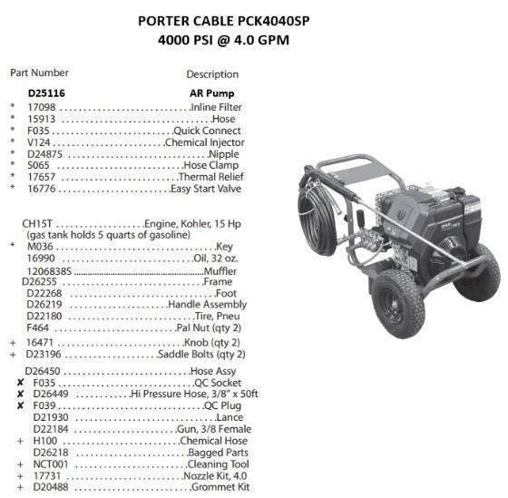 PORTER CABLE, PCK4040SP Pressure Washer Parts