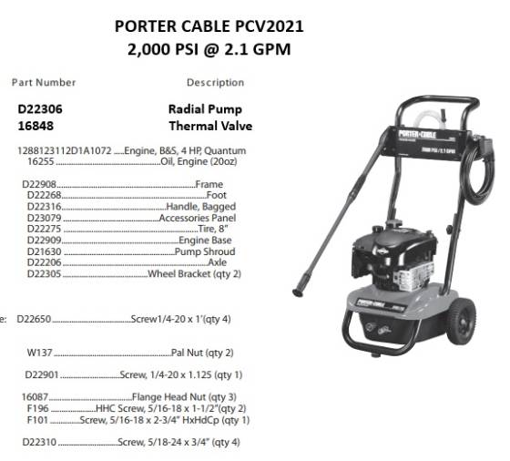 PORTER CABLE, PCV2021 Pressure Washer Parts