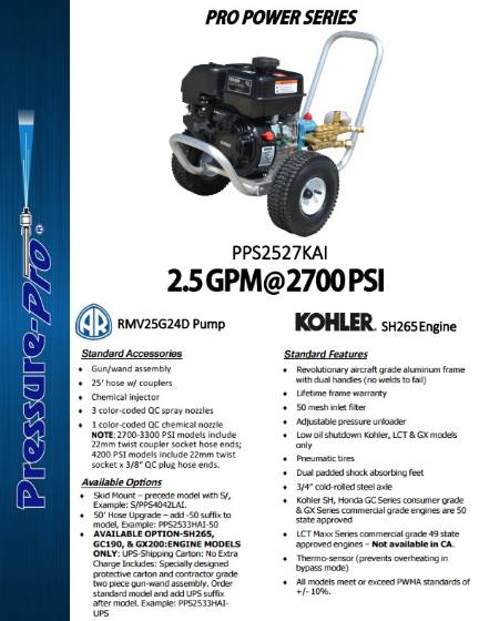 3,000 PSI @ 2.6 GPM PRESSURE WASHER WITH KOHLER ENGINE